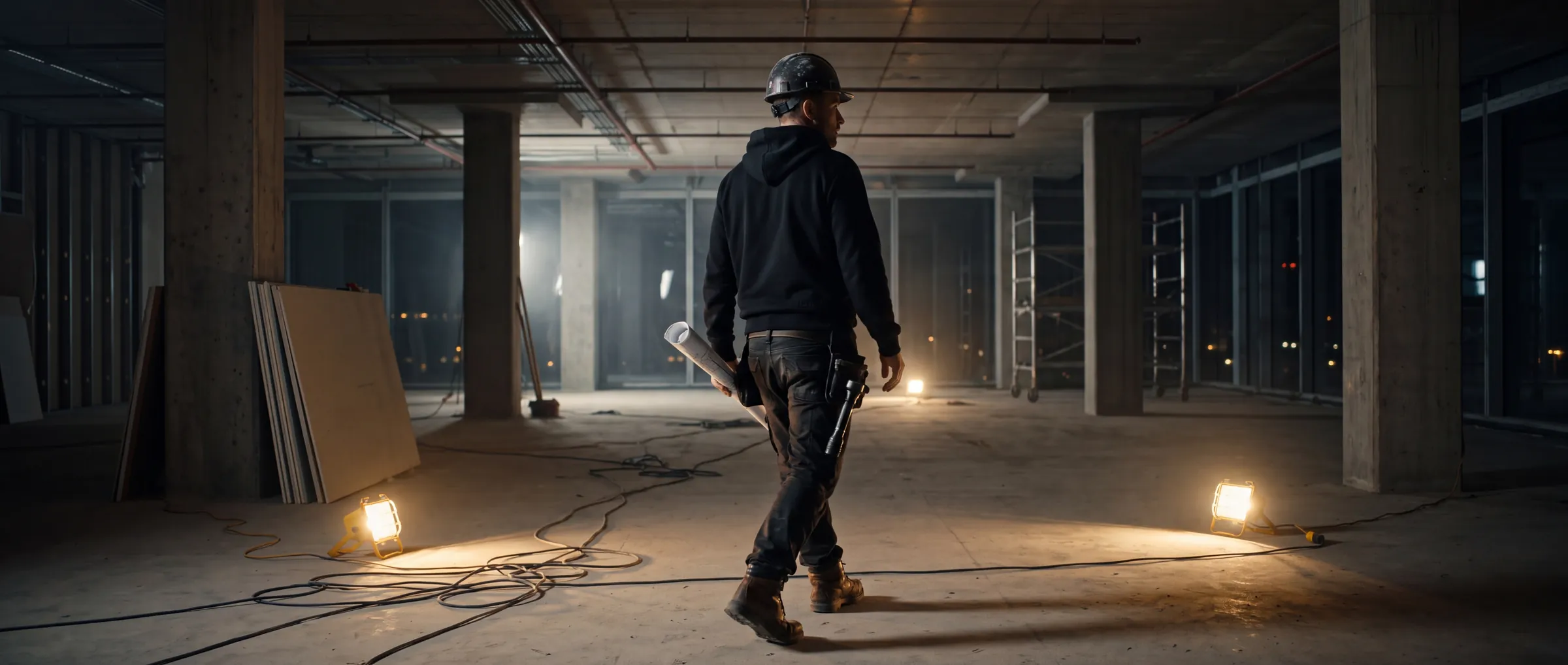 Bauleiter im schwarzen Zip-Hoodie auf einer nächtlichen Baustelle